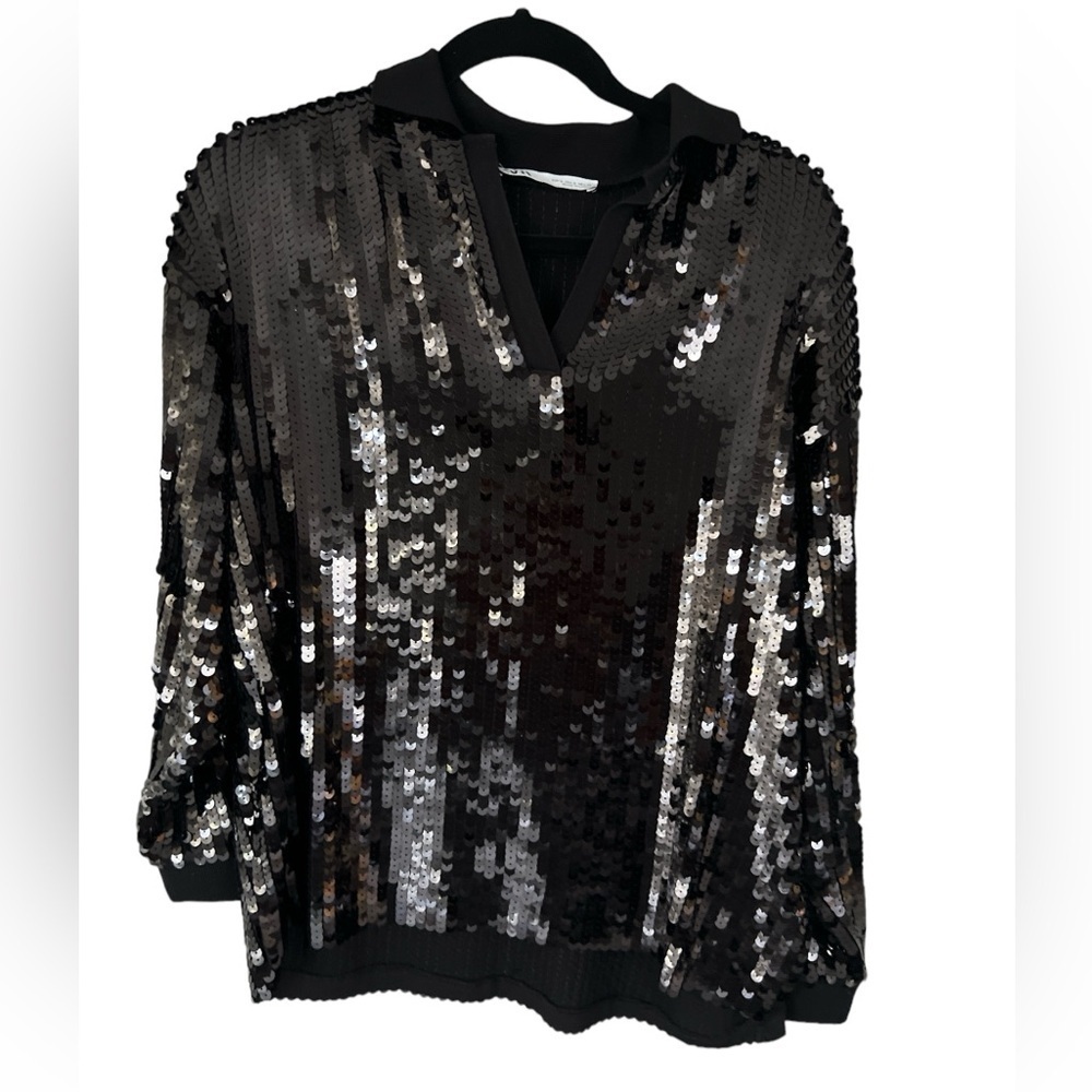 Zara Black Sequined Knit Polo Top